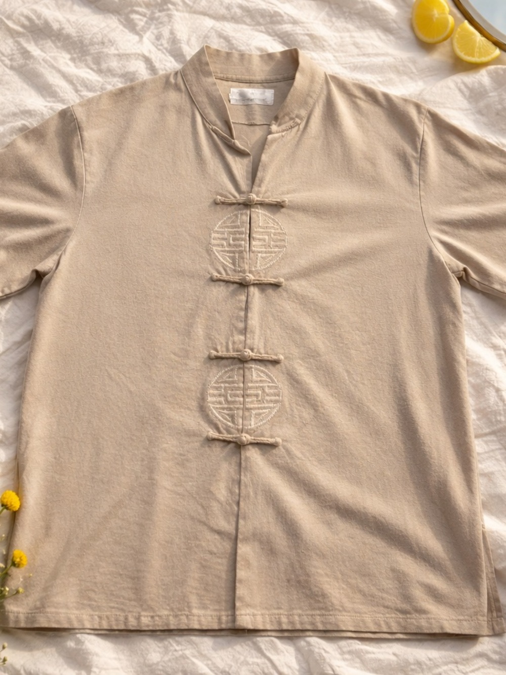 Men's Cream Mandarin-Collar Button-Up Shirt with Frog Closures